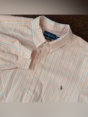 Ralph Lauren Shirt Mens 3XB Orange with Blue/Green Stripe Classic Fit Button Up